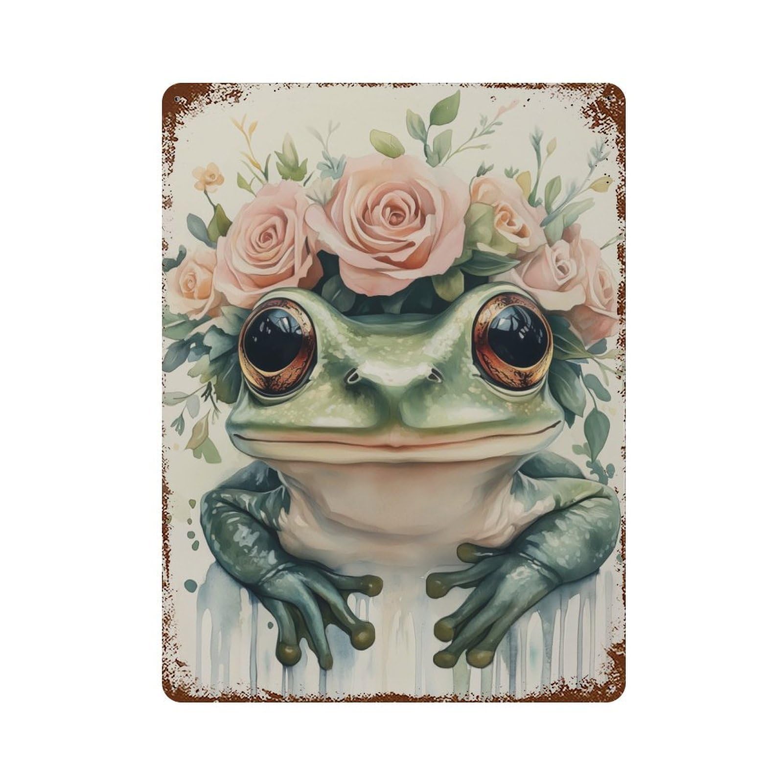 Frog with Flower Crown Rust Effect Tin Sign 15.7"x11.8", Ideal for Garage, Bar And Workshop Decor