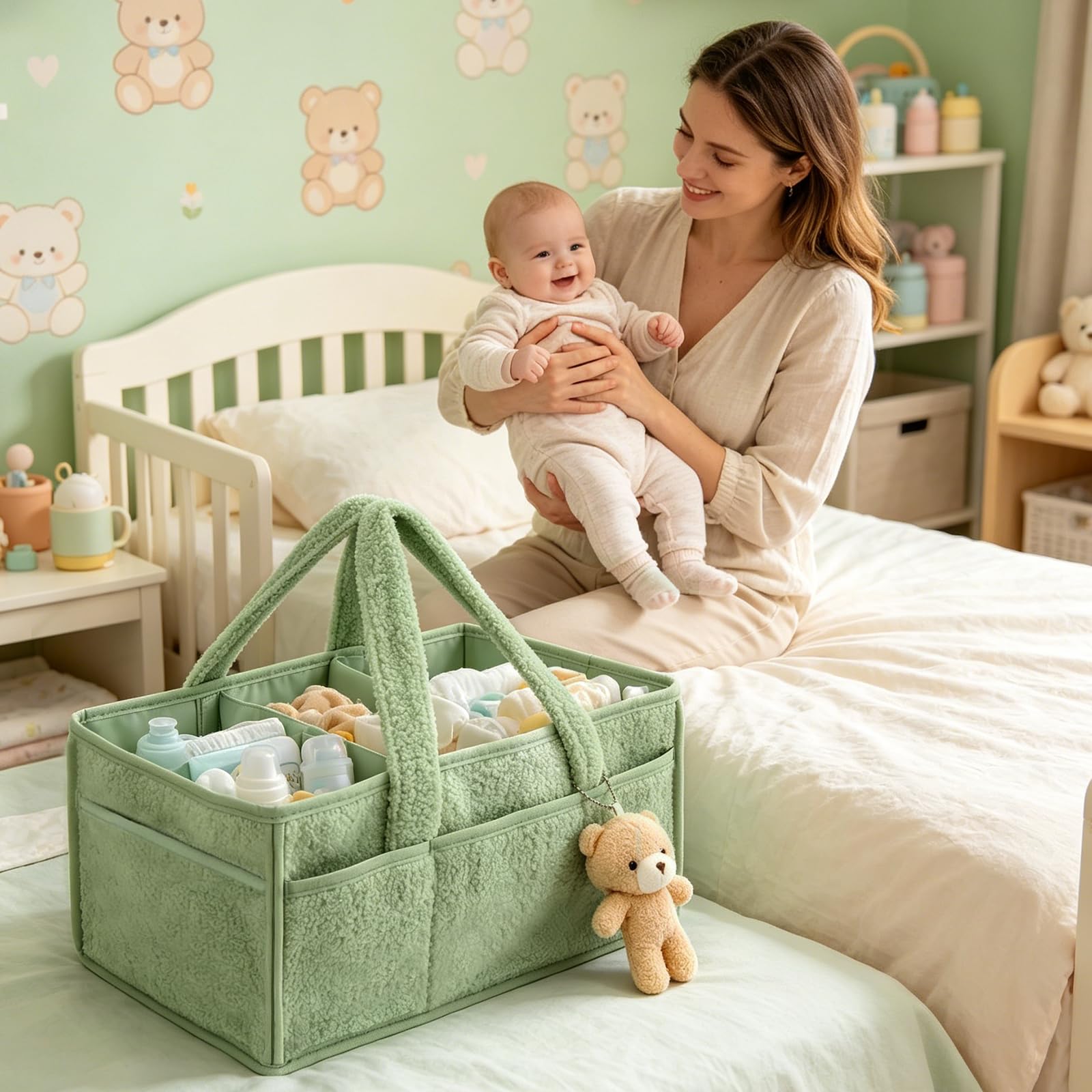 Organizador Pañales, Portátil Organizador Cambiador Bebe con Compartimentos y Asas, Plegable Cesta de Almacenamiento Bebés para Viajes, Cesta de Pañales para Toallitas, Verde