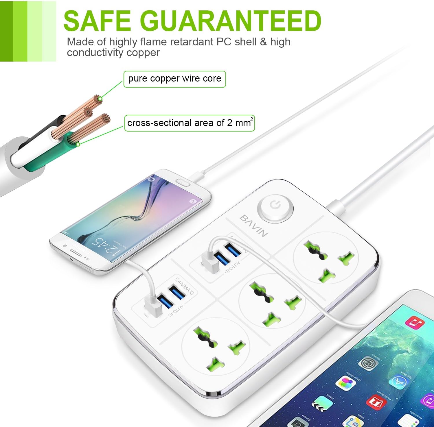 BAVIN 3-Outlet Surge Protector Power Strip with USB Charging 6 Ports 5.4A/27W, 5Ft Heavy Duty Extension Cord-White