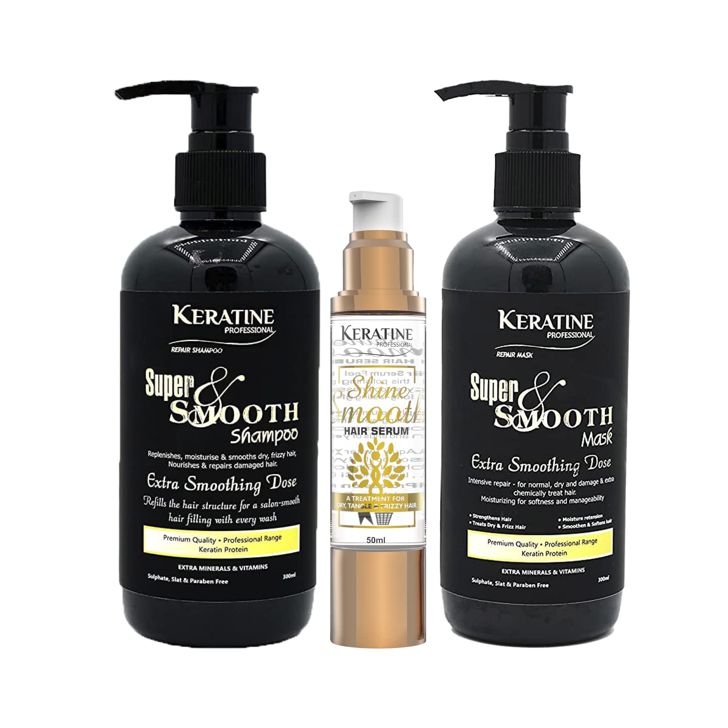 KERATINE PROFESSIONAL Keratin Super Smooth Repair Hair Shampoo, Mask (300 ml) & (50ml) Serum | Infused with Keratin, Collagen & Argon Oil | for Dry Damaged & Color Treated Hair | Made in India