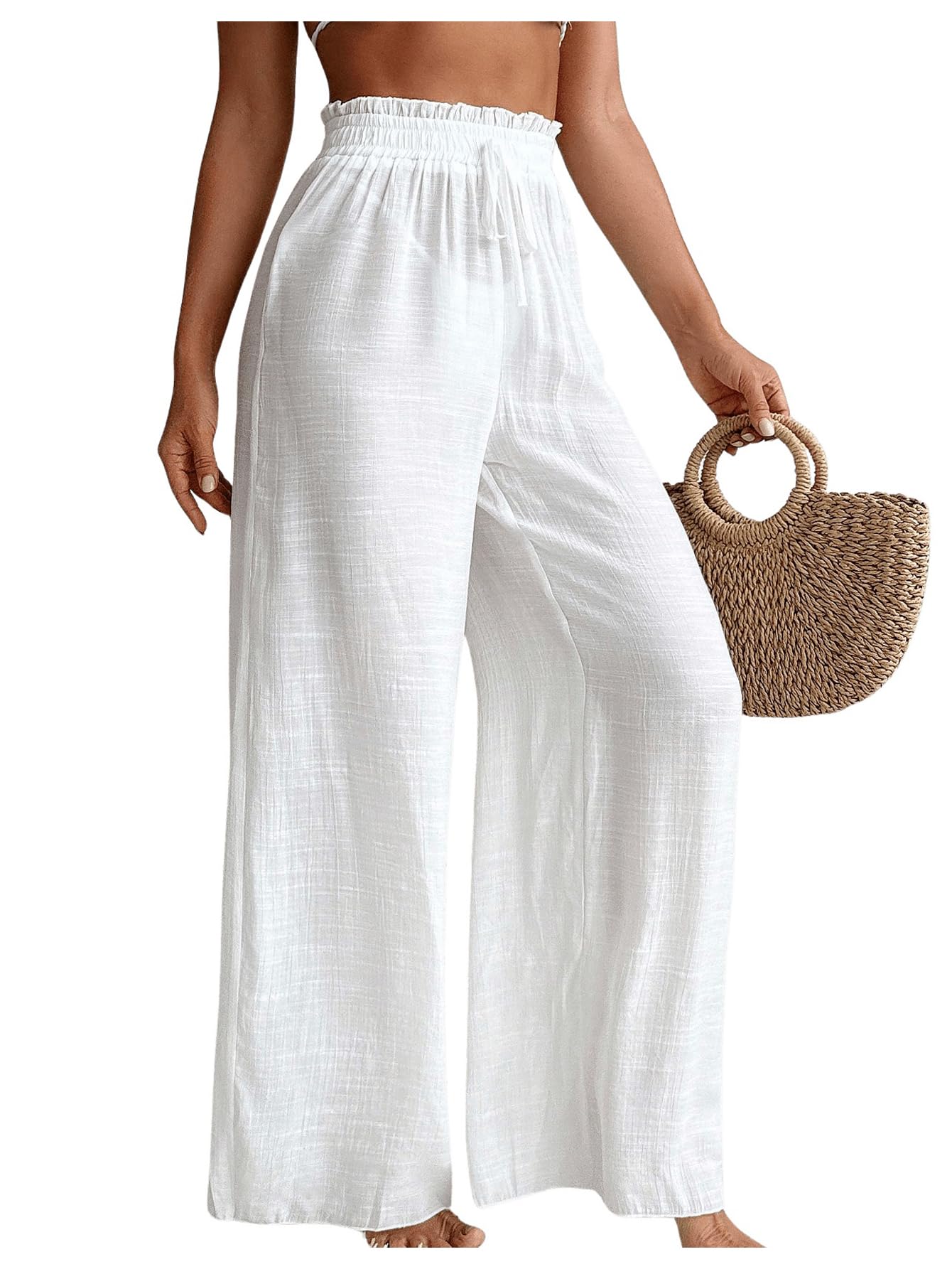 Milumia Women's Summer Linen Bathing Suit Cover Up Swim Beach Pants Sheer Wide Leg Swimsuit Coverup Pants
