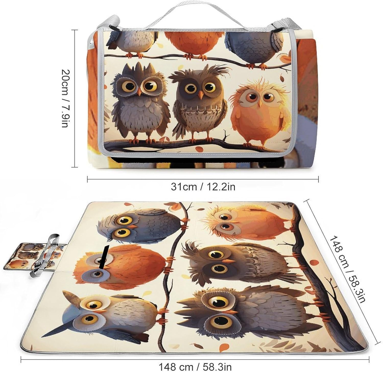 Owls Birds Picnic Blanket Indoor and Outdoor Square Blankets Waterproof Design Mat Foldable Beach Mats Portable Park Sand Free Blanket for Camping Beach Park