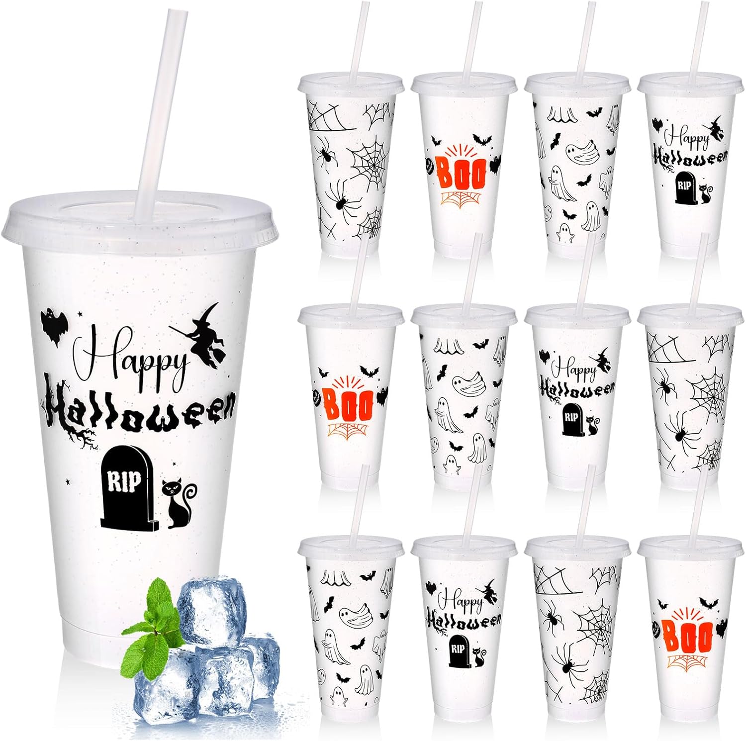 12 Pcs Halloween Cups with Lids and Straws 24 oz Plastic Glitter Halloween Tumbler Bulk Reusable Cups Water Bottle for Adults Cold Drink Iced Coffee Party Favors Supplies