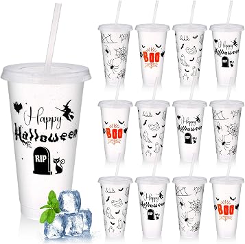 12 Pcs Halloween Cups with Lids and Straws 24 oz Plastic Glitter Halloween Tumbler Bulk Reusable Cups Water Bottle for Adults Cold Drink Iced Coffee Party Favors Supplies