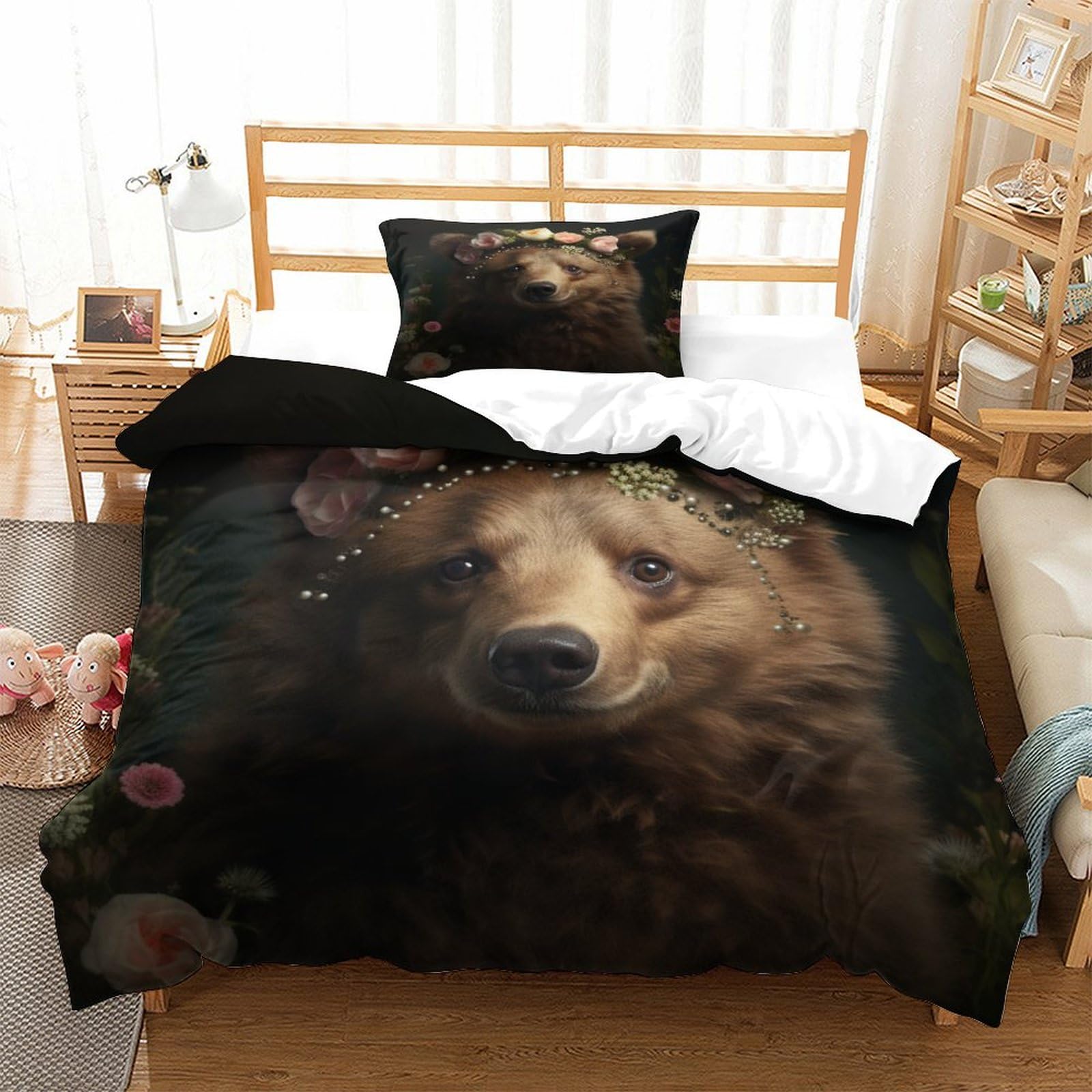 P1S9U7W5Y 3D Printed Floral Bear Duvet Cover Set 3 Pieces Microfiber Bedding Set Soft Breathable for Bedroom Decor Gift Single（135x200cm）