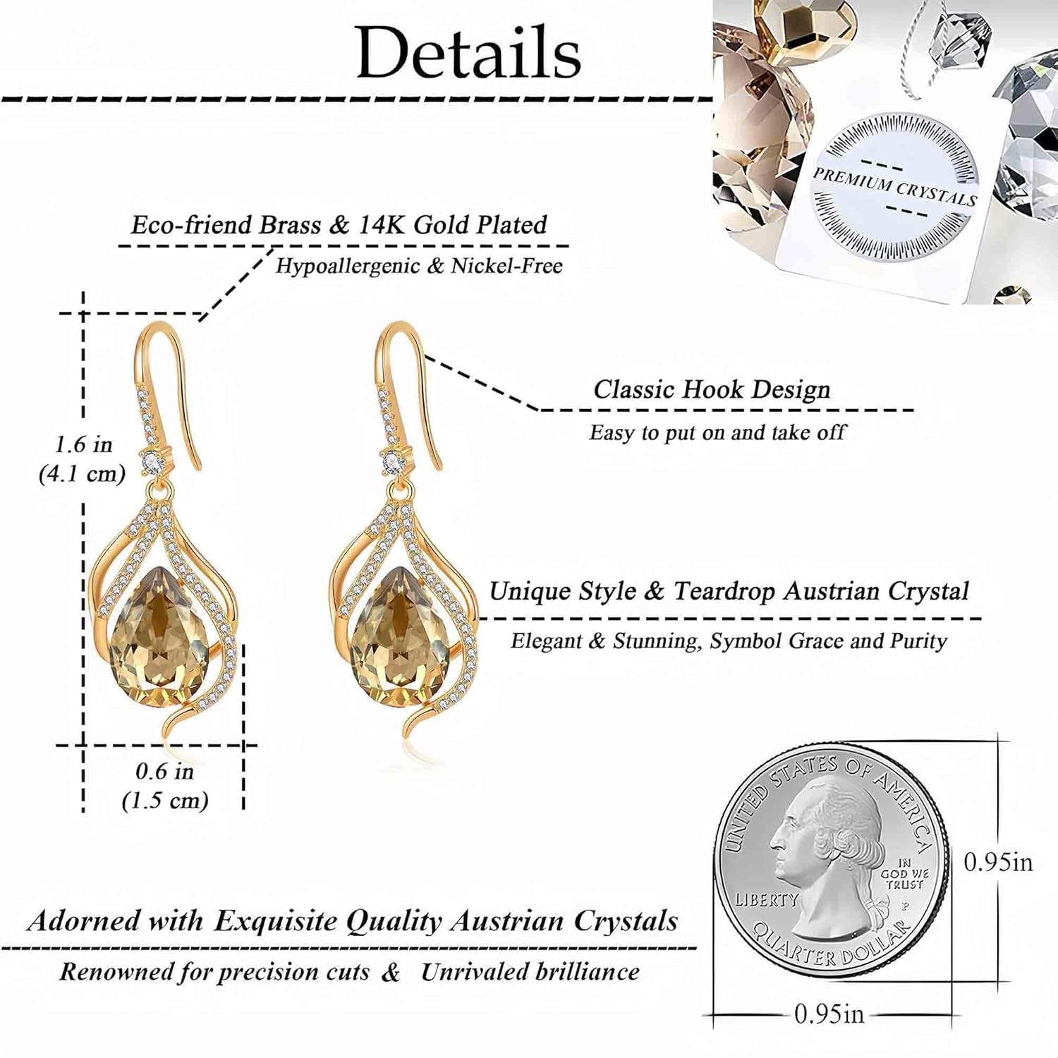 Austrian Crystal Hollow Teardrop Halo Drop Twisted Dangle Earrings for Women 14K Rose Gold Plated Hypoallergenic Jewelry - Image 4