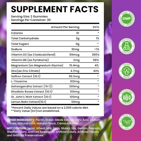 Saffron Gummies for Adults & Kids, Strawberry Flavor, 60 Count | 10-in-1 Blend with 88.5mg Saffron, Magnesium, Ashwagandha & L-Theanine, Calm & Focus Support, Vegan, Sugar-Free