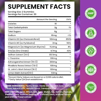 Saffron Gummies for Adults & Kids, Strawberry Flavor, 60 Count | 10-in-1 Blend with 88.5mg Saffron, Magnesium, Ashwagandha & L-Theanine, Calm & Focus Support, Vegan, Sugar-Free