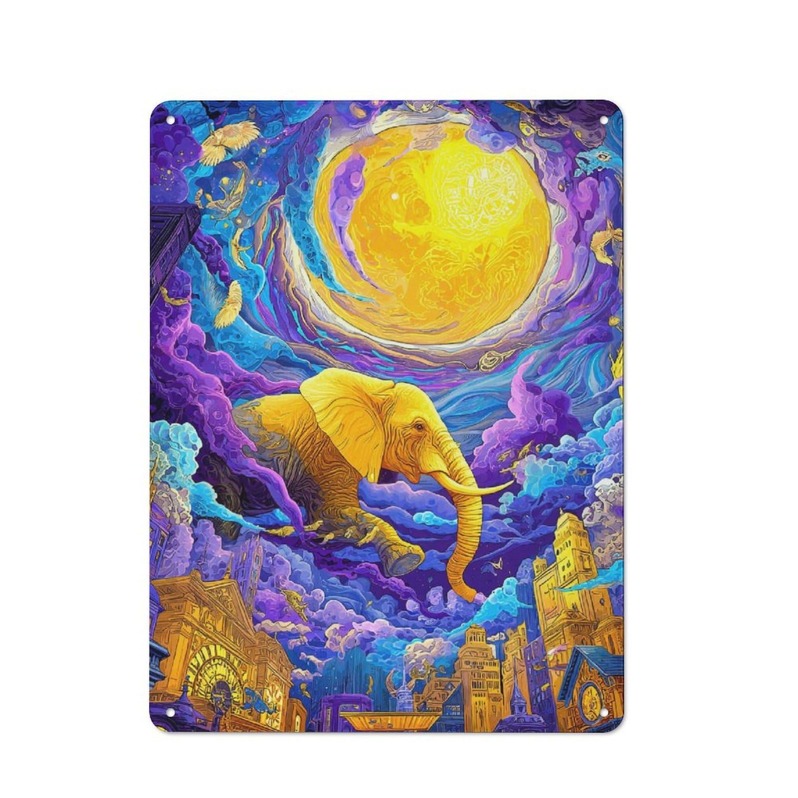 Junmoney Golden Elephant Dreamscape Decorative Tin Sign With Design 40X30cm, Classic Retro Room Decor For Kitchen, Hallway, Bar Or Small Cafe