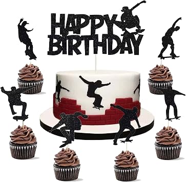 14 PCS Skateboard Cake Topper Skateboard Happy Birthday Sign Cake Decorations for Skateboarding Sport Movement Themed