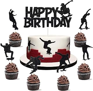 14 PCS Skateboard Cake Topper Skateboard Happy Birthday Sign Cake Decorations for Skateboarding Sport Movement Themed Kids Boy