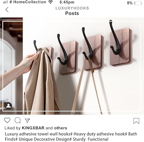 Miniatura 5 de Ganchos de pared adhesivos de lujo de nogal real, ganchos de toalla resistentes para colgar abrigos, batas, sombreros, llaves, bolsas y proporcionan