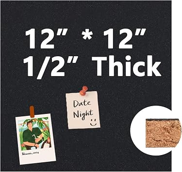 Cork Board 12"x 12" Self-Adhesive Black Cork Board, 1/2" Thick Cork Boards, 1 Pack Black Bulletin Board 3030BK-12mm-1p