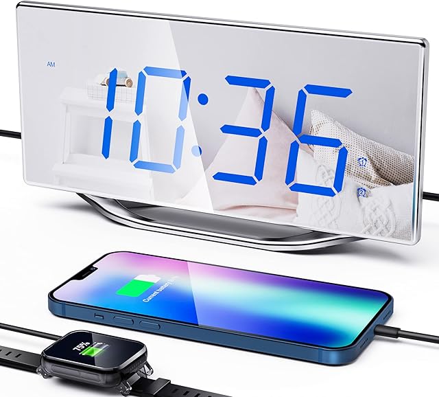 ROCAM Digital Alarm Clock, 8.7" Large LED Mirror Desk Clock, Digital Clock for Bedroom/Office, Simple Loud Alarm Clock for Heavy Sleepers, 2 USB Port, Snooze, Dimmable, 7 Levels Brightness & Volume
