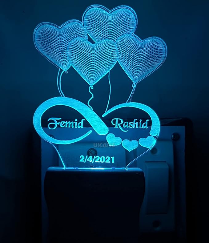 UKANI Acrylic Personalised 7 Heart Color Changing 3D Illusion LED Night Lamp Customized Name and Tagline Gift for Every Occasion/Valentines Day (Multicolour)