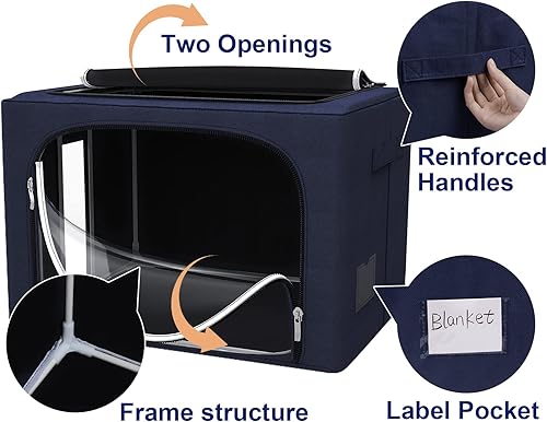 Miniatura 3 de Organizador de bolsas de almacenamiento de ropa de gran capacidad de 66L, paquete de 3 con marco de fibra de vidrio, tela Oxford para edredones,