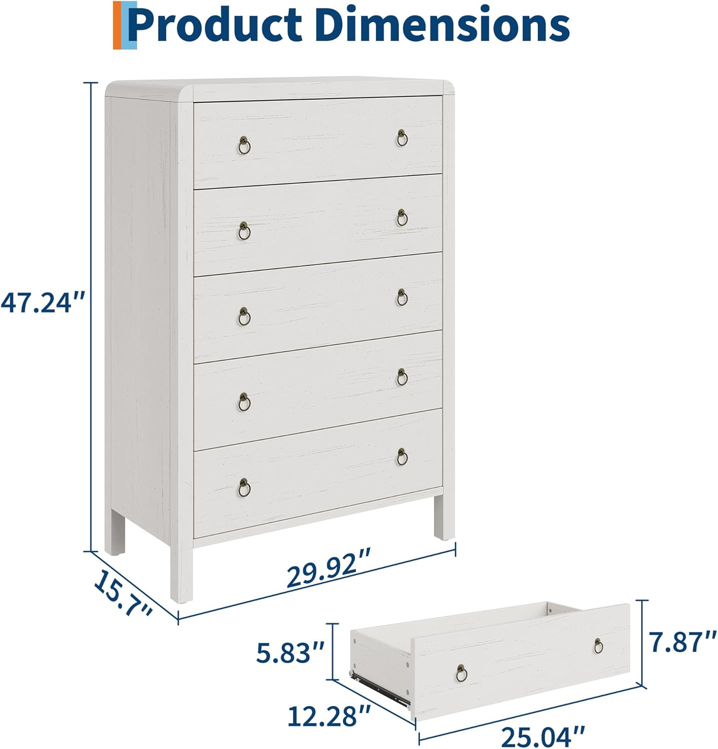 GarveeHome 5 Drawer Dresser for Bedroom, 47" Tall Modern Chest of Drawers, Curved Profile Design, Wood Drawer Organizer for Bedroom, Living Room, Hallway, Entryway, White - Image 2
