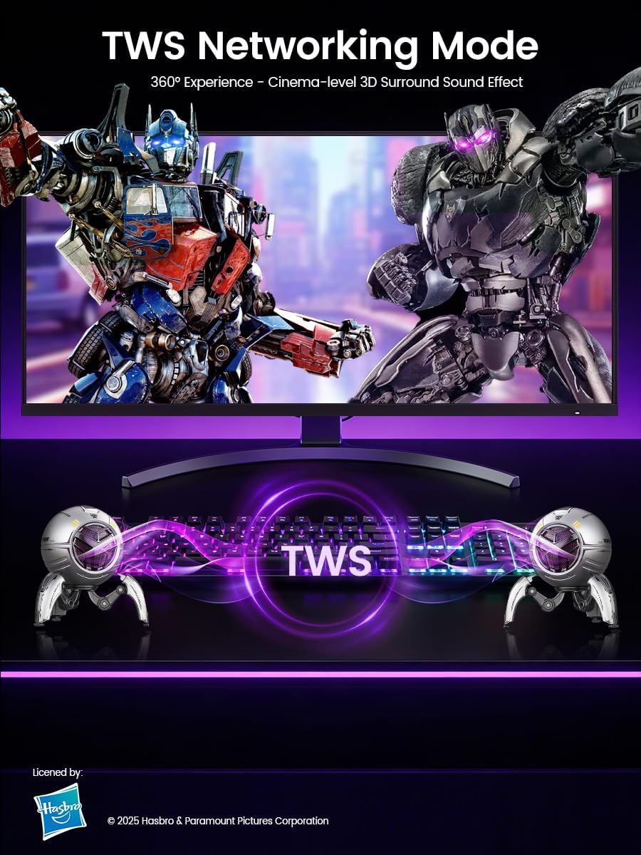Transformers Bluetooth Speaker, Bluetooth 5.4 Wireless Portable Speaker, Colorful RGB Lights, Stereo Sound Bass, TWS Pairing for Home/Party/Game/Work, Gift Ideas, Grey - Optimus Prime