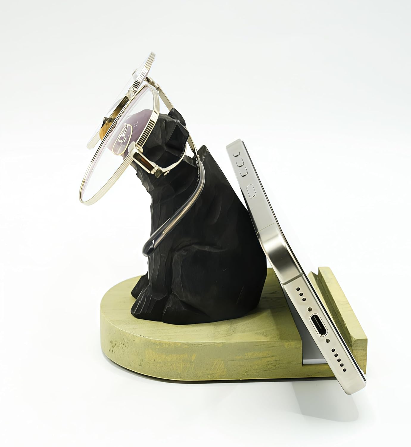 UNIORNA Handmade Wooden Cute Animal - Design Carved Wooden Phone & Eyeglasses Dual Holder Stand Mobile Display Stand with Stable Base Home Office Desk Décor Gift for Man Lady Lover Family Friends (Black Bear)