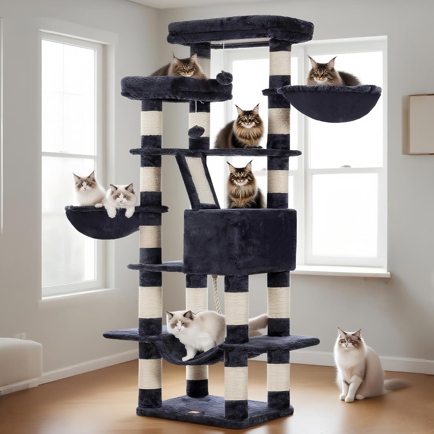 Heybly Cat Tree, 68 inch Multi-Level Cat Tower for Indoor Cats, 2 Widened Plush Perches Cat Condo with Scratching Board and Big Caves, Smoky Gray HCT025G
