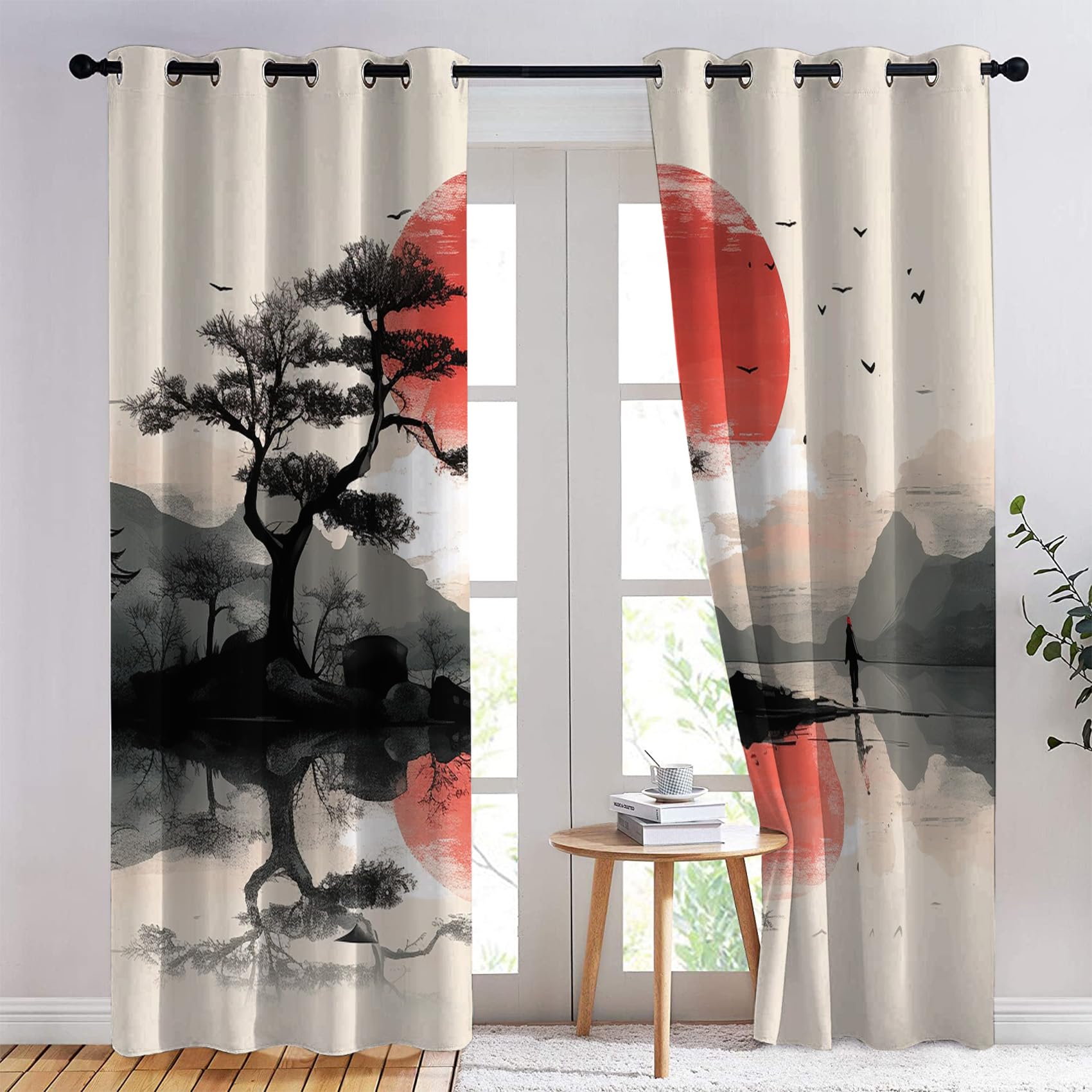 Rideau Occultant Paysage, Rideau Isolant Thermique pour Salon Chambre, Rideaux Motif Japonaise, Rideau Opaque à Oeillets, Lot de 2 Rideaux et Draperies Intérieur 140x240cm LxH
