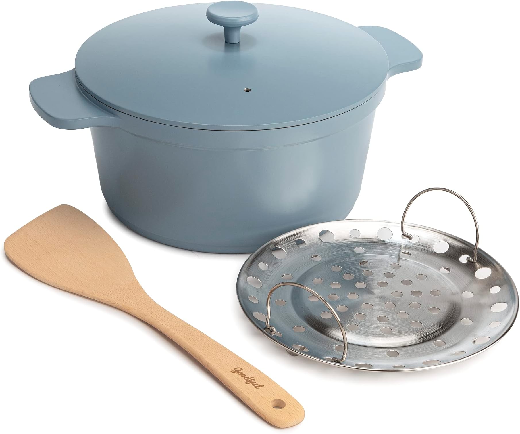 Goodful All-In-One Pot, Multilayer Nonstick, High Performance Cast Dutch Oven With Matching Lid, Roasting Rack And Turner, Made Without PFOA, Dishwasher Safe Cookware, 4.7-Quart, Blue Mist