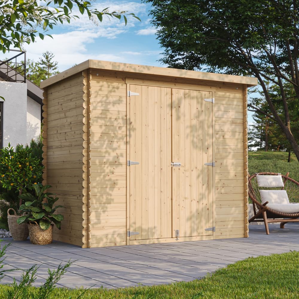 TIMBELA M310C1 Gartenhaus aus Holz 2,63 m², Kiefer/Fichte, Geräteschuppen mit 19 mm Wandstärke, Gerätehaus aus Holz für Gartenwerkzeug und Fahrräder, Doppeltür, Ohne Boden