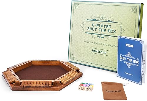 Miniatura 6 de Vamslove Shut The Box - Juego de dados de madera (15 pulgadas de largo x 13 pulgadas de ancho) para 1, 2, 3, 4, 5, 6 jugadores, juegos de