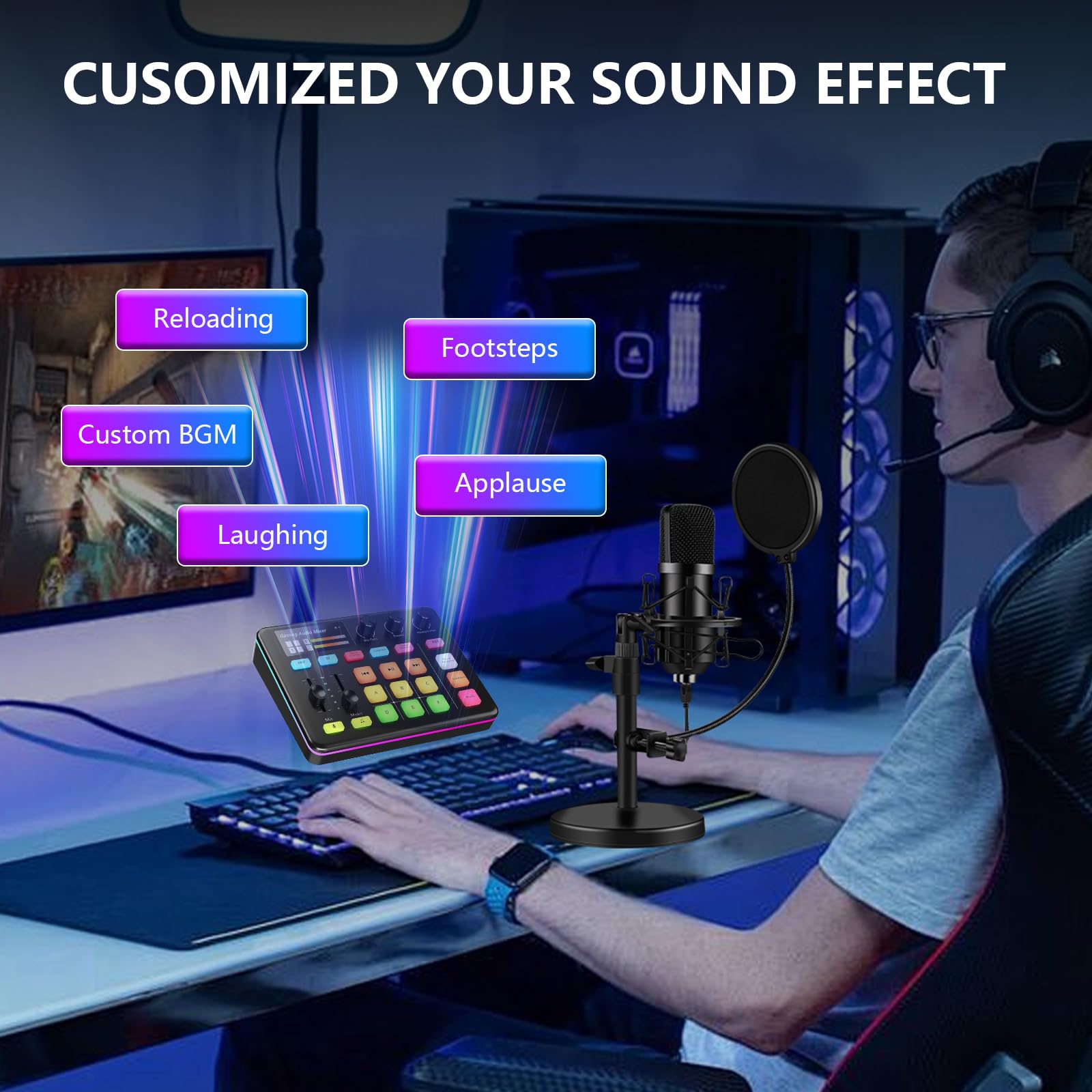 Mezclador de Audio, RGB Streaming Gaming Audio Mixer con Interfaz de XLR, Alimentación Phantom de 48V, Mezclador de Audio para Juegos para Transmisión en Vivo, Podcasting, Creación de Contenido