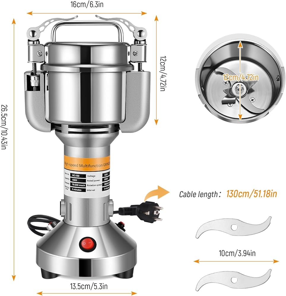 Moulin à Grains Électrique pour Soja, Broyeur à Épices Commercial 3000 W Haute Vitesse, Moulin à Farine 100 kg/h, en Acier Inoxydable, pour Moudre Rapidement Épices Herbes Poivres Maïs Arachides