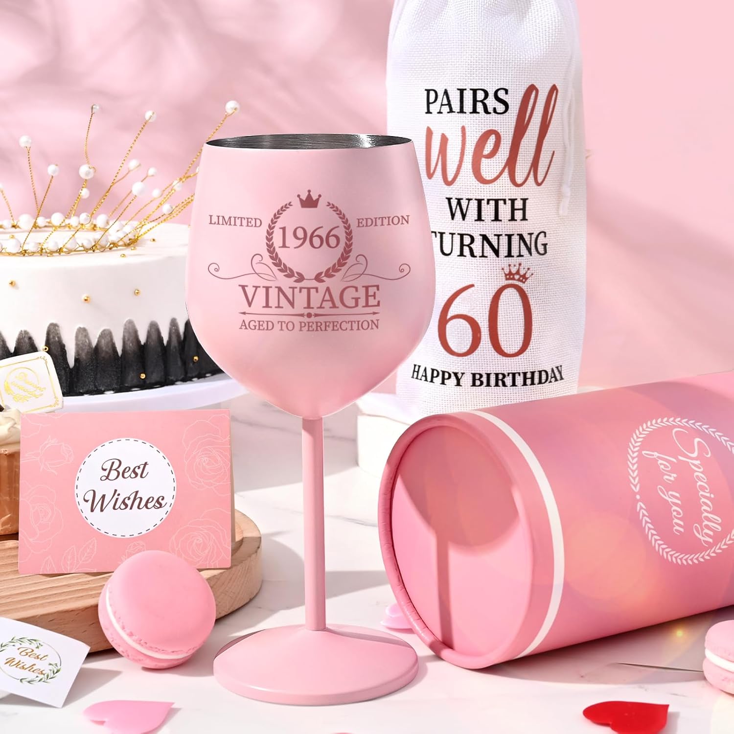 Lifecapido 60th Birthday Gifts for Women, Vintage 1966 Stainless Steel Wine Glass with Wine Bag and Card, 60th Birthday Decorations for Women, Cool Gifts for 60 Year Old Woman Grandma Mom Aunt Wife - Image 3