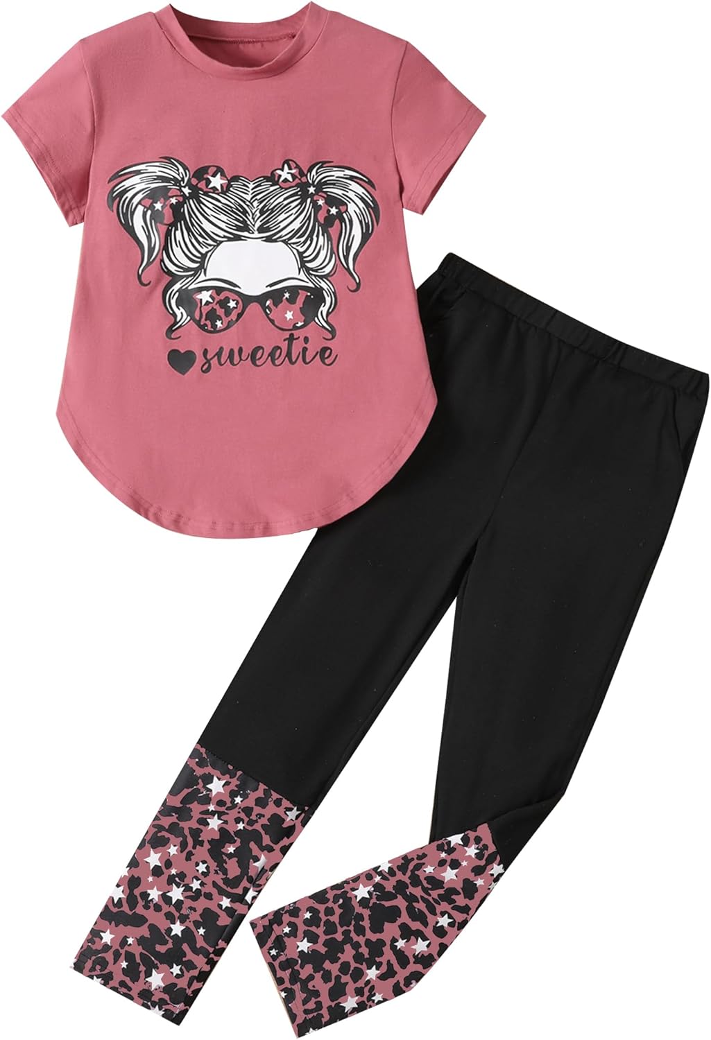 Girls Outfits Short Sleeve Irregular Tops + Camouflage Long Legging Outfits 2PCs Summer Pant Sets 6-14T