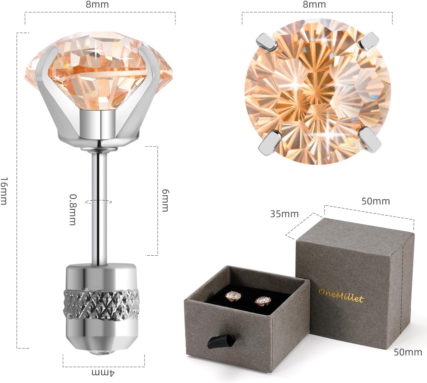 Firework-cut Zirconia Titanium Stud Earrings for Women, Hypoallergenic & Nickel Free, Ideal for Sensitive Ears, Minimalist Elegant Design, Everyday Jewelry, Gift Box Included (champagne, 8mm) - Image 4