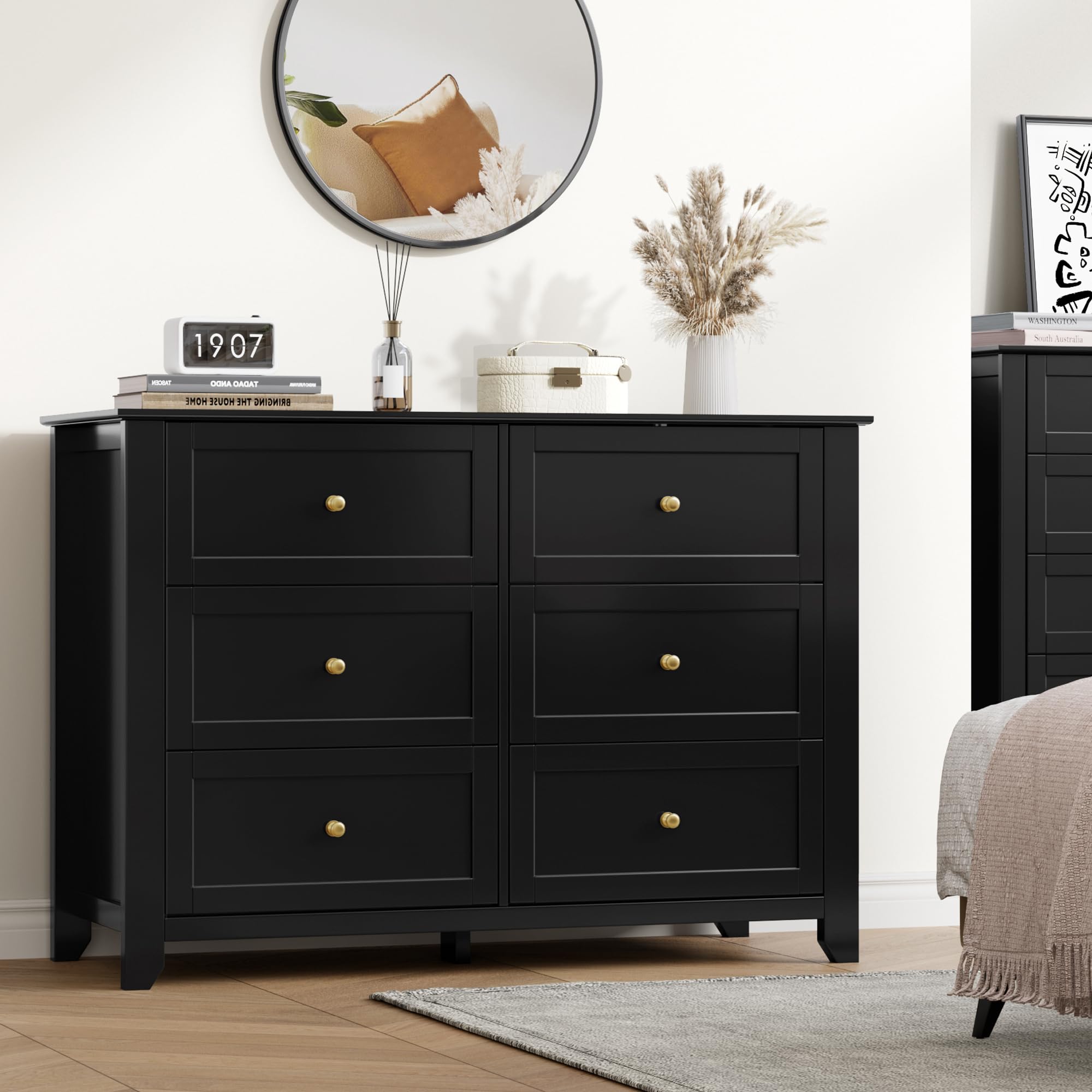 IDEALHOUSE Black Dresser for Bedroom, Large 6 Drawer Dresser with Deep Drawers & Metal Knobs, Modern Wooden Double Chests of Drawers for Kids Bedroom, Entryway, Hallway
