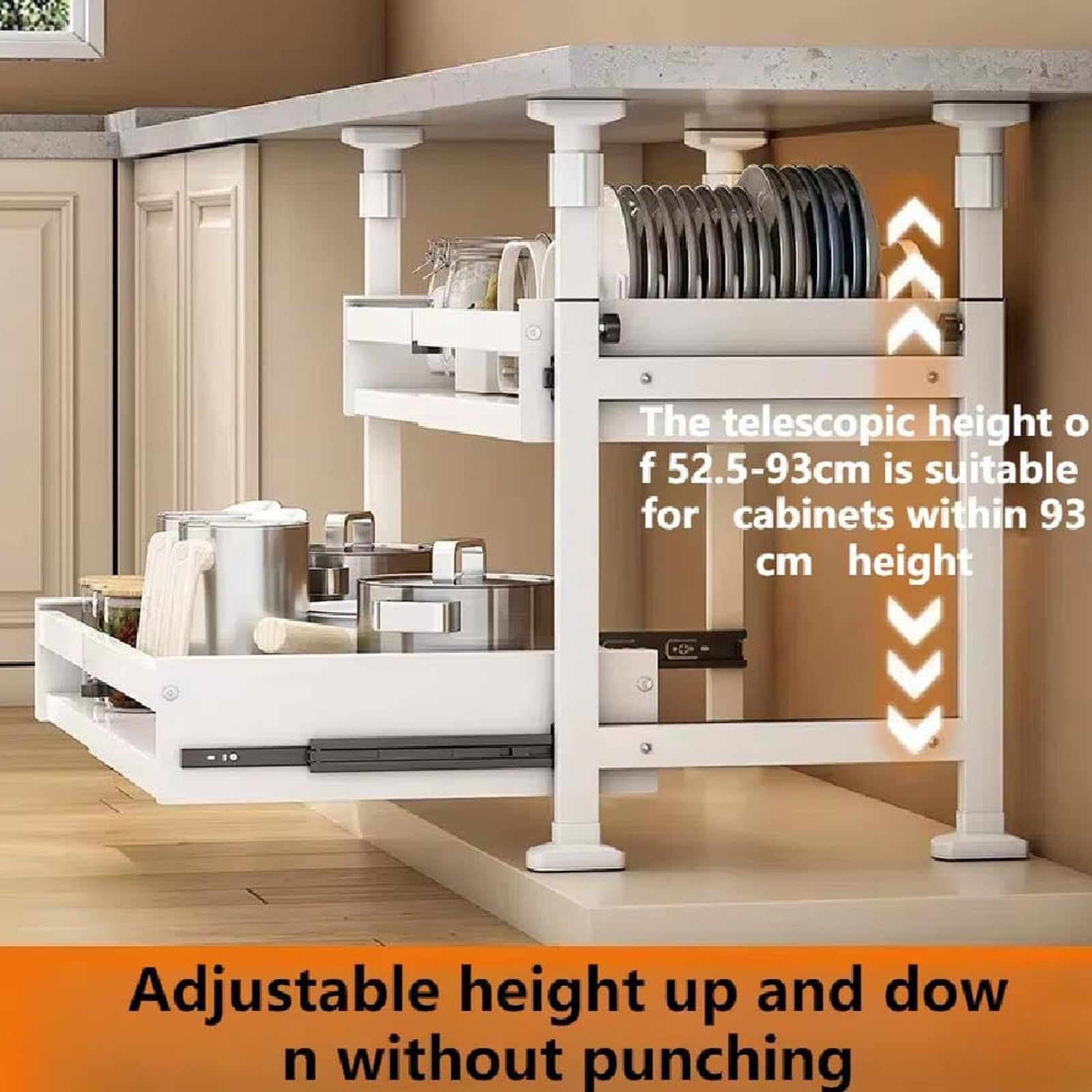 Tiroir De Cuisine Extensible À Deux Niveaux - Largeur Extensible : 49 À 80 Cm, Organiseur Extensible Pour Casseroles Et Poêles Sous L'armoire, Organisateur De Tiroir De Cuisine Sans Perçage(49*42*52.5