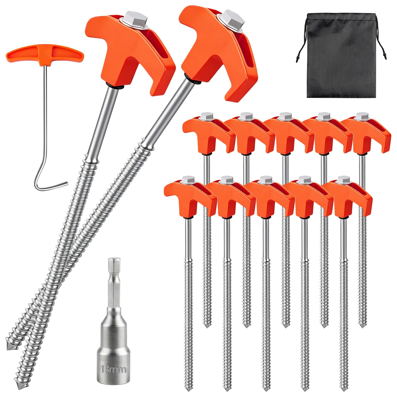 12 Pack Heavy Duty Tent Pegs, 8.07in Camping Rock Pegs, Ground Anchors with Thread, Includes Drill Adapter & Nail Puller & Drawstring Bag, Ideal for Camping, Rock, Beach (Orange)