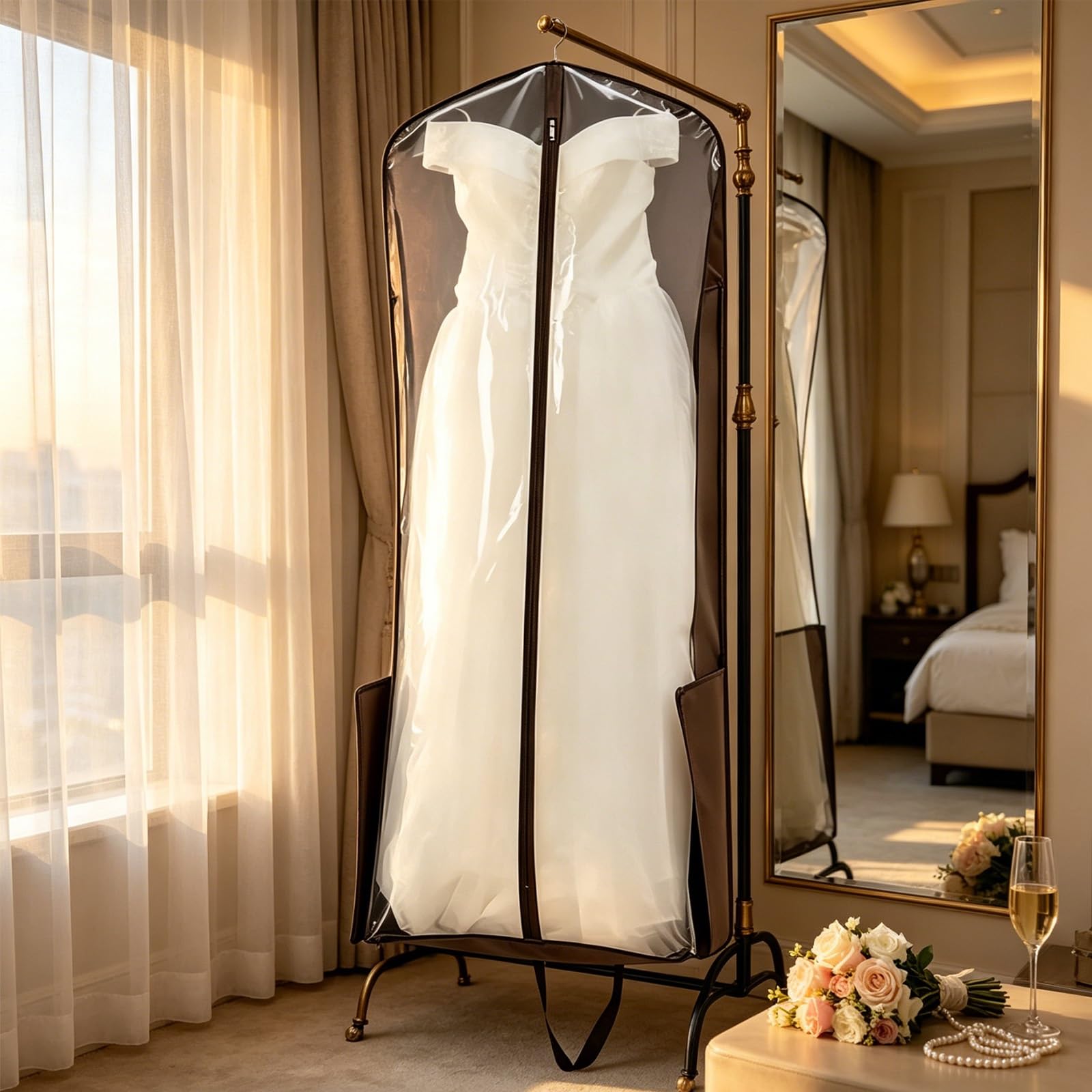Funda Vestido Novia con Asa Cremallera Metálica | Confeccionada en Tejido no Tejido Transpirable, DiseñAda para Vestidos Largos de Gala, para Guardar(63in/160cm)