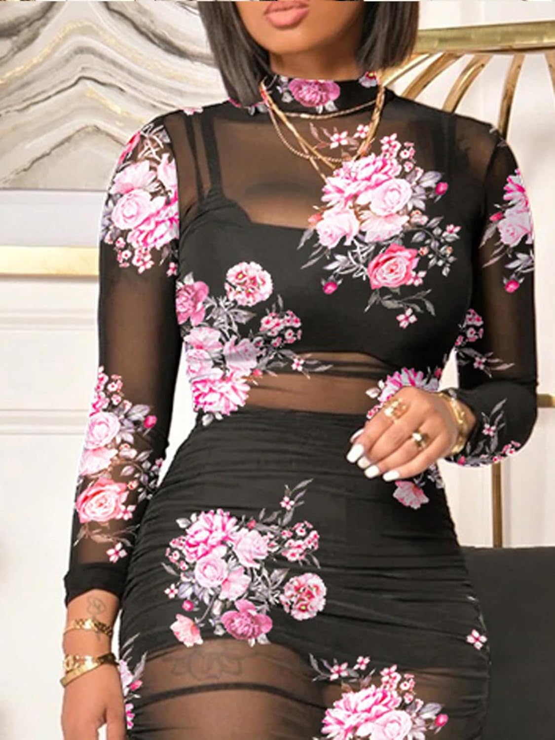 Women Sexy See Through Sheer Mesh Bodycon Midi Dress Long Sleeve Skirt 3 Piece Outfits Set Floral Print Cover Up - Image 3