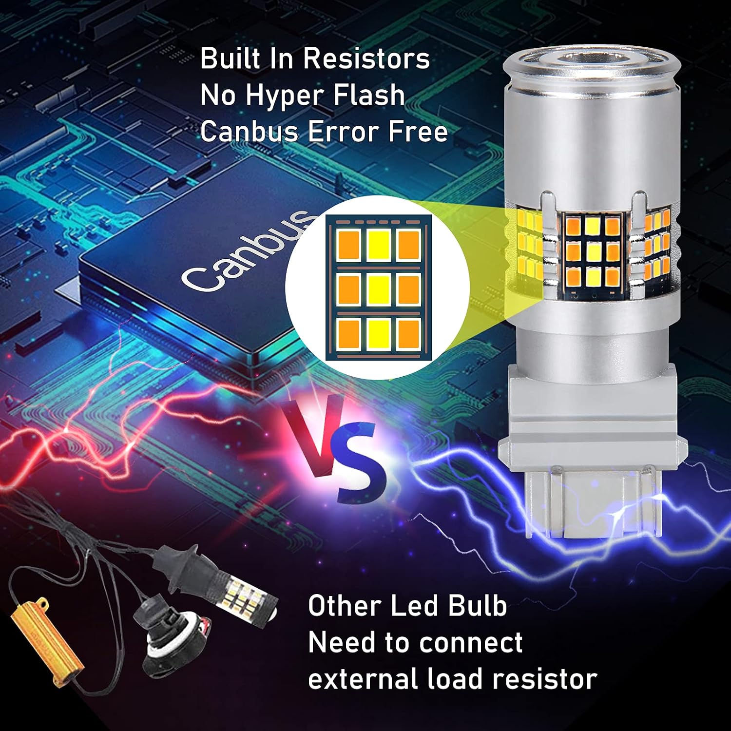 Newest 3157 Switchback LED Bulbs Built-in Canbus Resistors & Fan, 1200 Lumens 54-SMD W/Projector Replacement for DRL & Turn Signal Lights, White/Amber