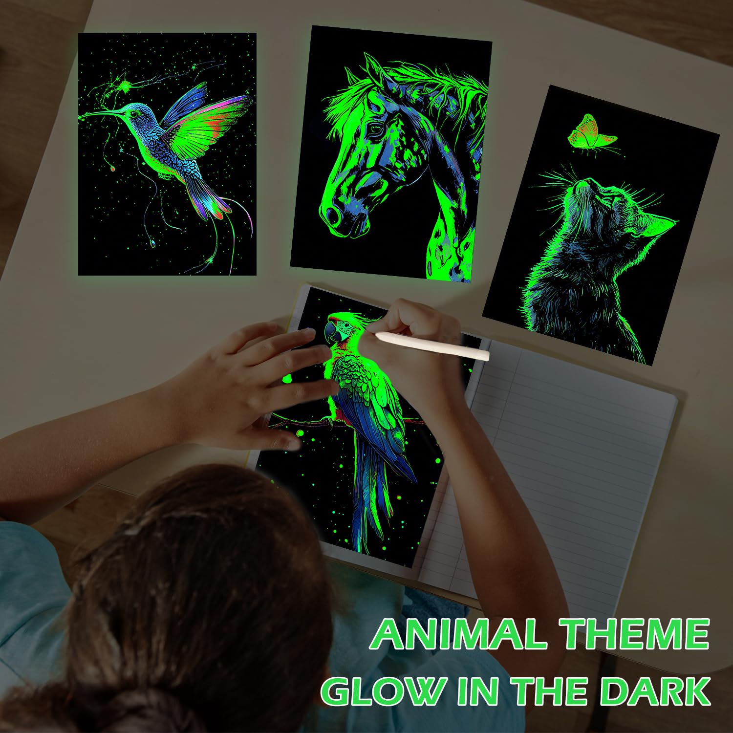 Kit Art à Gratter Arc-en-Ciel Lumineux 8 Pièces avec Outils de Grattage pour Adultes et Enfants (Animaux)