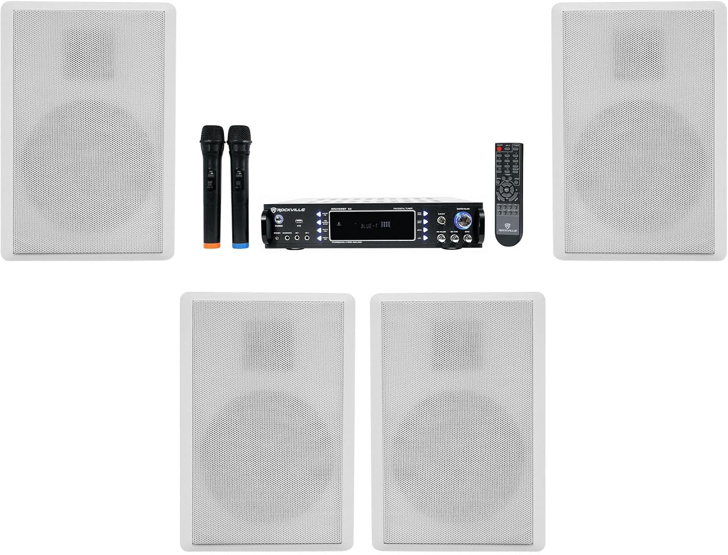 Rockville Bundle: RPA70WBT V2 1000w 2-Ch USB Bluetooth Amplifier/Mixer+(2) Mics for Restaurant/Bar/Cafe Bundle with (2) Pair RockSlim White Home Theater 5.25" 240w Wall Mount Slim Speakers (3 Items)