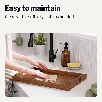 Amazon Basics Wooden Serving Tray, 17 x 12 Acacia Wood Decorative Tray Platter With Built-in Handles for Breakfast in Bed, Food & Drinks, Entertaining, Coffee Table & Ottoman