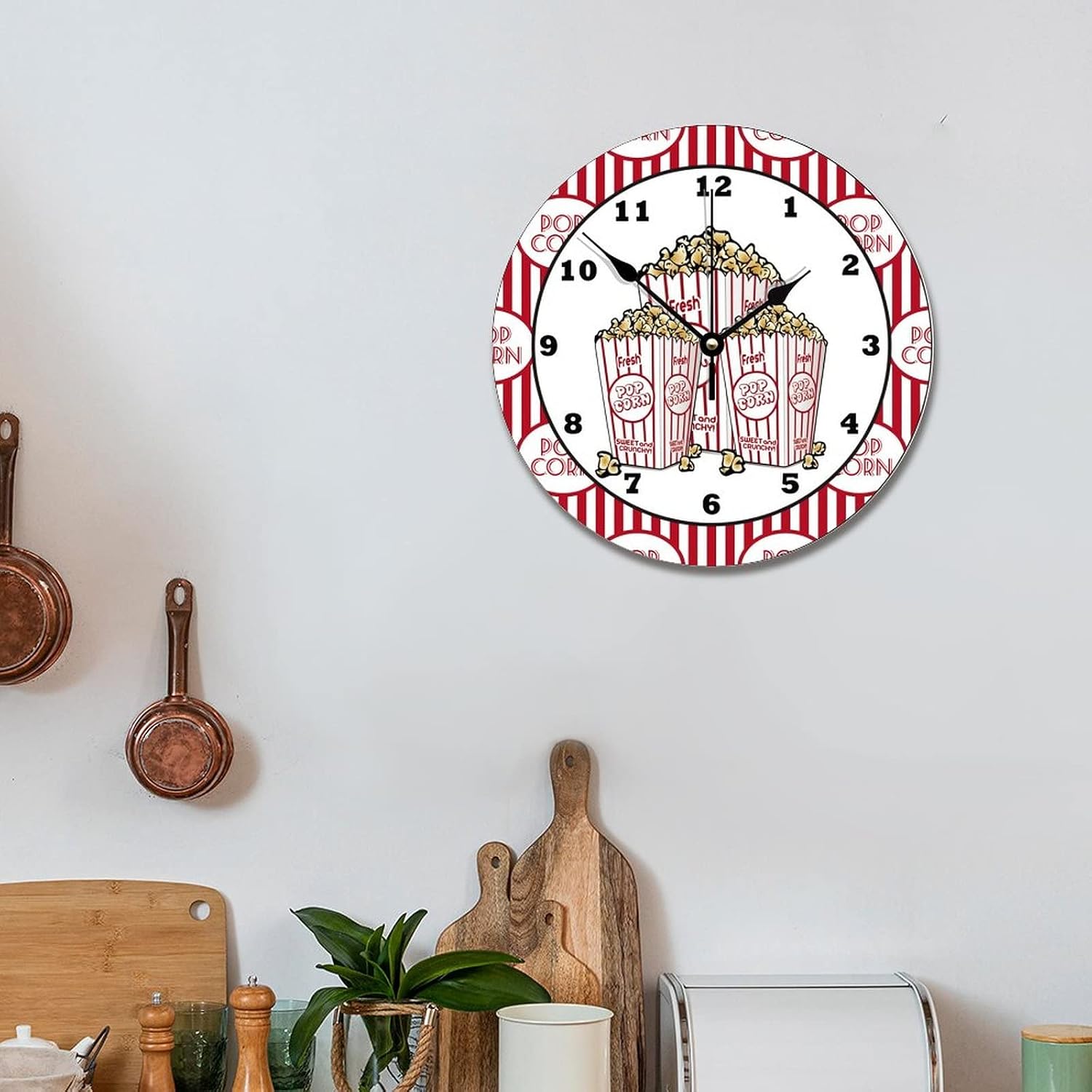 Cute Movie Theater Popcorn Wooden Wall Clock Round Vintage Clock Silent Non Ticking Battery Operated Easy to Read Wall Hanging Art Decor for Living Room Bedroom Kitchen Office School image 5
