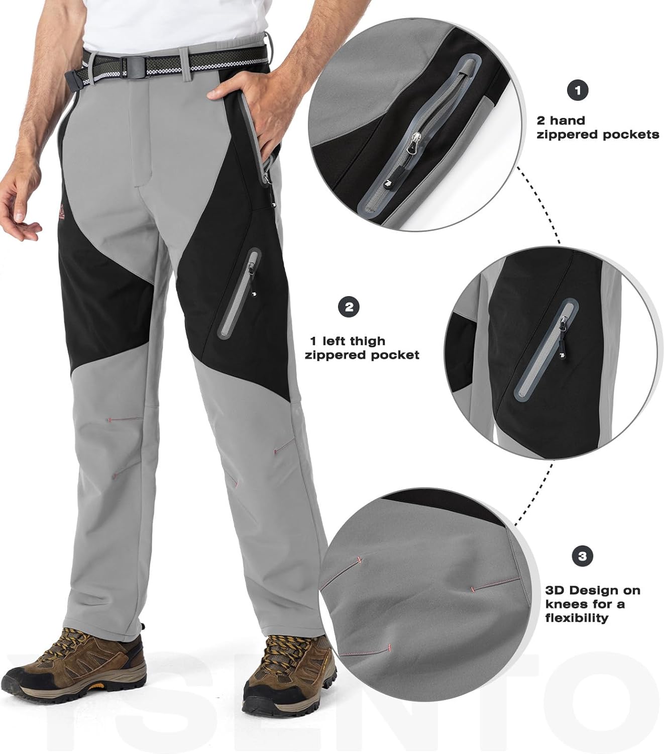 YSENTO Men's Fleece Lined Ski Snow Pants Winter Waterproof Softshell Insulated Hiking Cargo Pants - Image 4