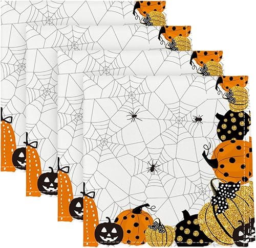 Horaldaily Juego de 4 servilletas de tela de Halloween de 18 x 18 pulgadas, diseño de calabaza y calabaza con temática de miedo, decoración de