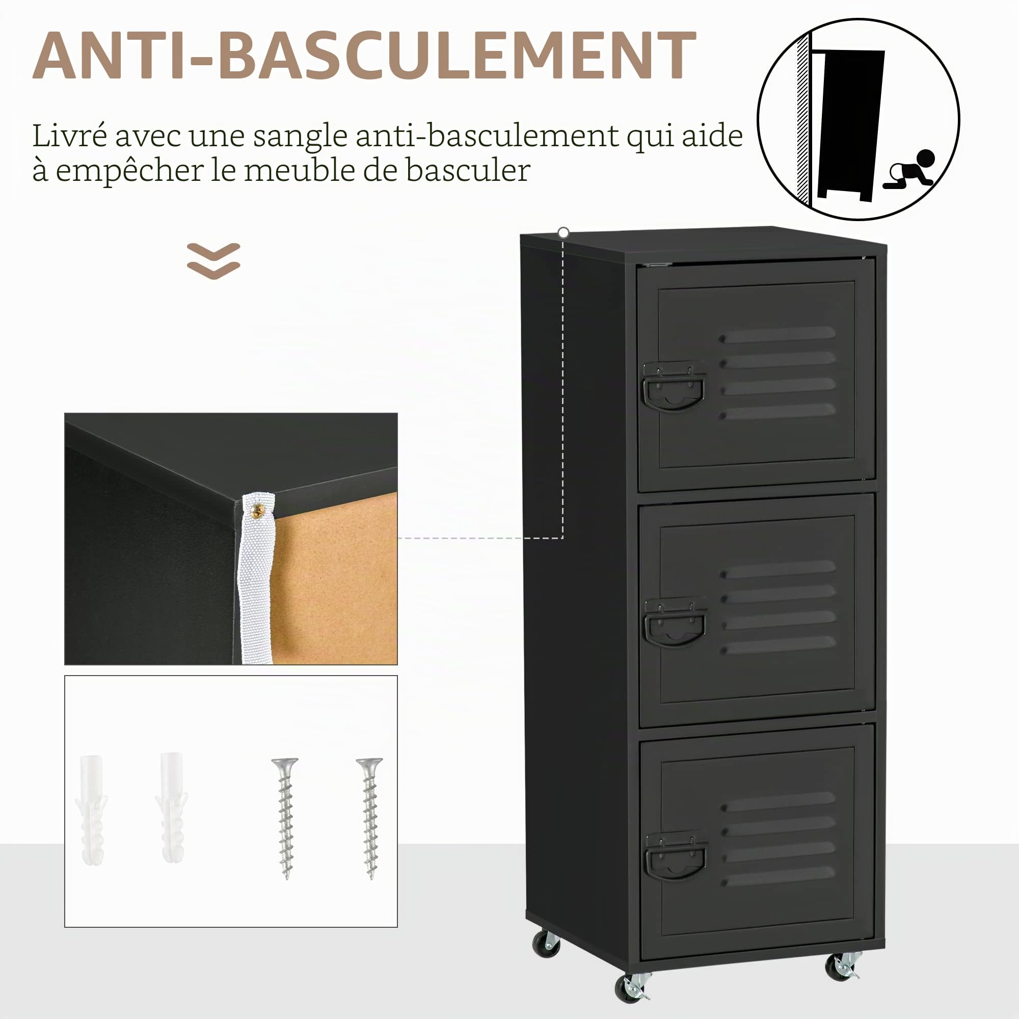 HOMCOM Armoire de Rangement à roulettes à 3 Niveaux avec roulettes et Portes en métal pour Bureau à Domicile, Salon, Noir