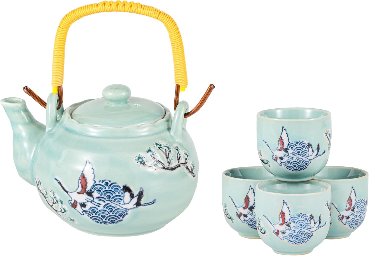 Japanese Crane Porcelain Tea Set 20 fl oz Teapot with 4 Cups Sky Blue Color Tea Gift Set