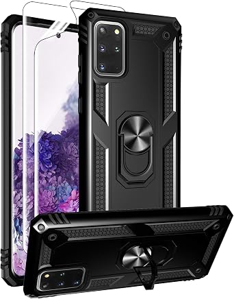 Androgate for Samsung Galaxy S20 Plus Case with HD Screen Protectors, Military-Grade Metal Ring Holder Kickstand 15ft Drop Tested Shockproof Cover Case for Samsung Galaxy S20+ /S20+ 5G Black