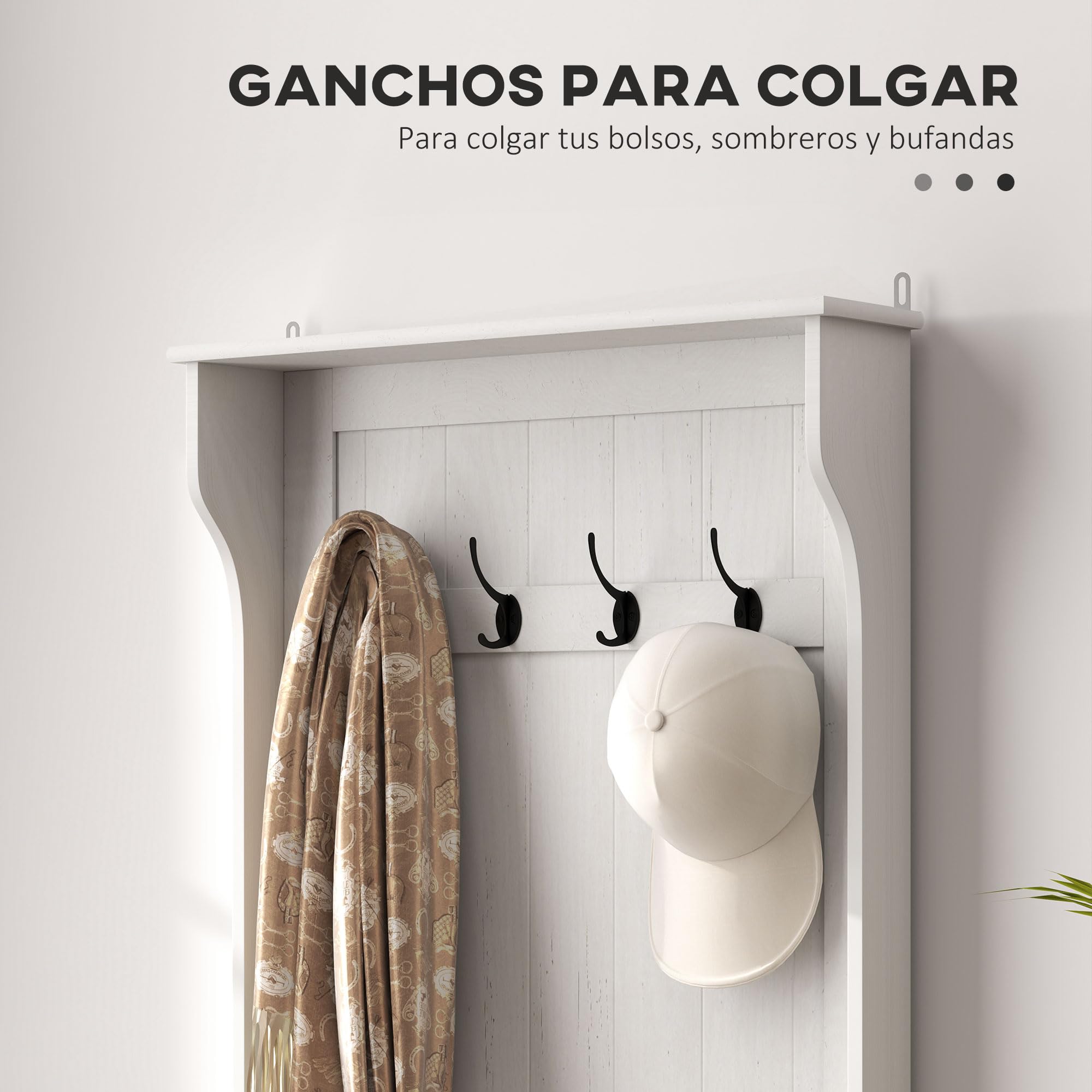 HOMCOM Perchero Zapatero, Perchero Recibidor con Banco de Almacenamiento, 4 Ganchos, para Pasillo, Dormitorio, Salón, Estilo Moderno, 71,5x39,5x170 cm, Blanco