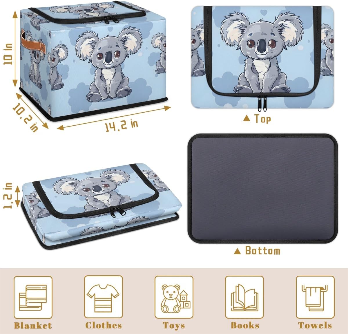 Blue Koala Storage Bins with Zipper Lid 2pcs Stackable Storage Baskets Boxes with Metal Frame Closet Storage Cube Bin Organizer with PU Handles Clothes Storage Bag